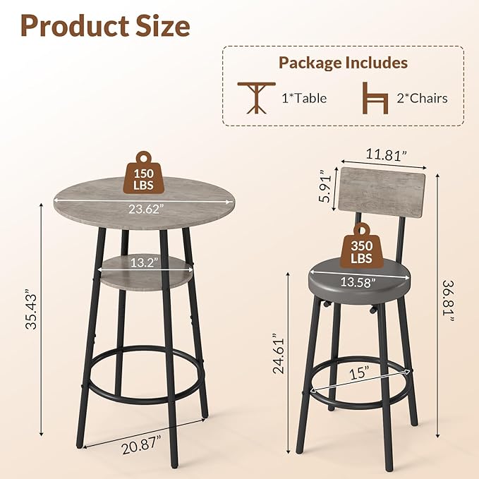 3 Pieces Round Bar Table and Chairs Set, Small Dining Table for 2, Kitchen Bar Table, Breakfast Table with Storage, 2 Thickened Cushion Stools with Backrest for Dining Room & Bistro-Grey