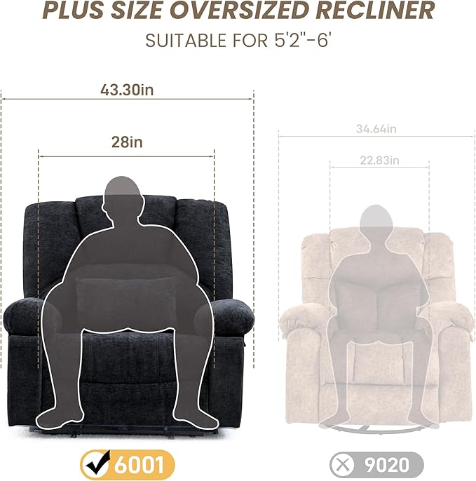 Oversized Power Recliner Chair 350lb with Hidable Cup Holders, Extra Wide Large Big Electric Recliner Chair with Lumbar Support Pillow Nursery Chair Living Room (Power, Black)