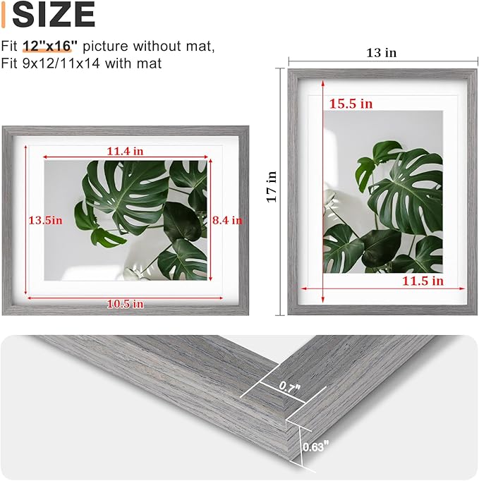 Egofine 12x16 Picture Frame Made of Solid Wood with Plexiglass, Display Pictures 9x12/11x14 with Mat or 12x16 Without Mat for Wall Mounting, Oak Grey