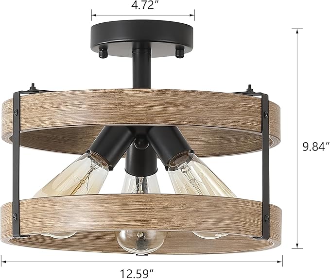 2 Pack 3-Light Rustic Farmhouse Metal Flush Mount Ceiling Light Fixture Wood Grain Metal Round Drum Semi Flush Mount Ceiling Light for Hallway Hall Entry Bedroom Farmhouse Home, Black