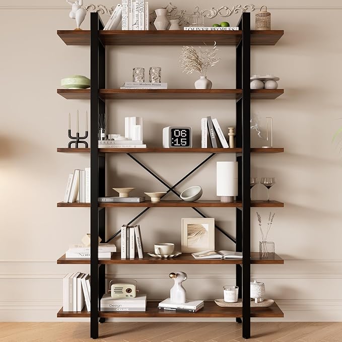 6 Tiers Bookshelf, Classically Modern White Bookshelf, Book Rack, Storage Rack Shelves in Living Room/Home/Office, Books Holder Organizer for Books/Movies (Dark Walnut, 6 Tiers)