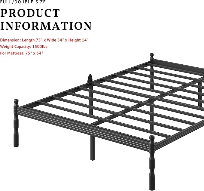 ZIYOO 14 inch Full Bed Frames with Mattress Slide Stopper, Vintage Style, 1500LBS Heavy Duty Steel Slats, Prevent Mattress from Sliding, No Box Spring Needed, Platform Noise-Free