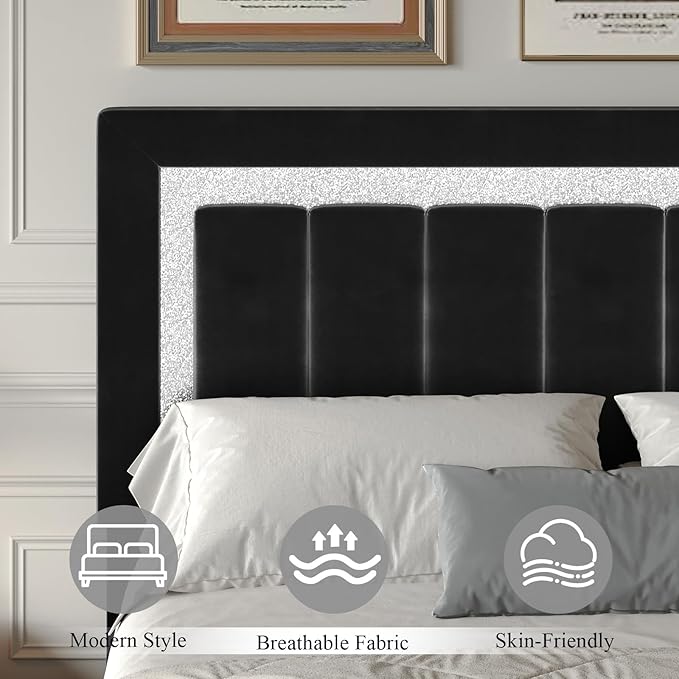 HOMBCK Full Size Bed Frame with Headboard, Velvet Upholstered Bed with Diamond Design, Full Bed with Wooden Slats Support, Mattress Foundation, No Box Spring Needed, Easy Assembly, Black