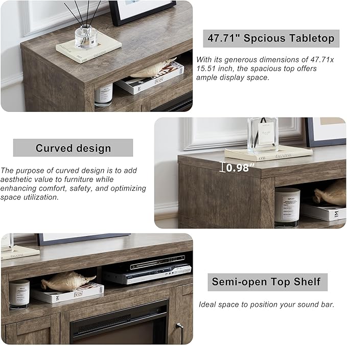 Fireplace TV Stand for TVs Up to 65 Inches, Farmhouse Entertainment Center with 23" Fireplace & LED Lights, Rustic Media Console with Sliding Barn Door and Open Shelves