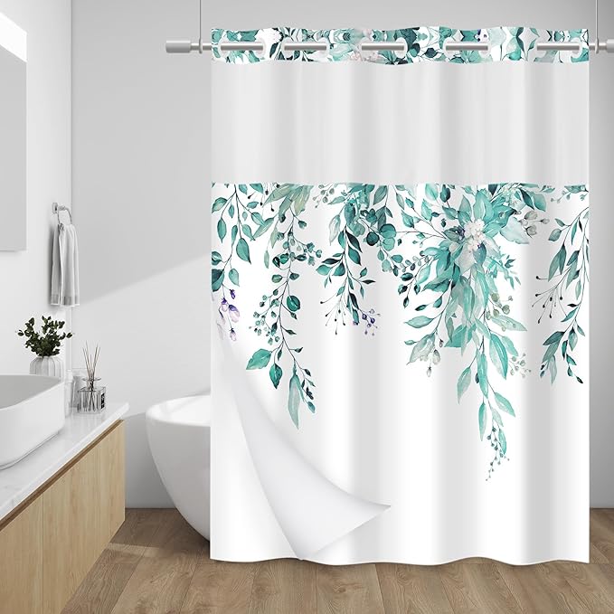 No Hook Shower Curtain with Snap in Liner - Eucalyptus Shower Curtain - Washable Waterproof Inner Liner, Plants Seaweed Green Leaves Modern Shower Curtains - Machine Washable, 71 x 74