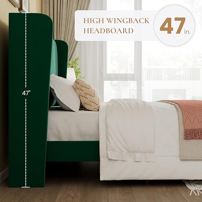 SHA CERLIN Queen Size Velvet Upholstered Platform Bed Frame with Vertical Channel Tufted Wingback Headboard, Wooden Slats Support, Easy Assembly, Under Bed Storage, No Box Spring Required, Green