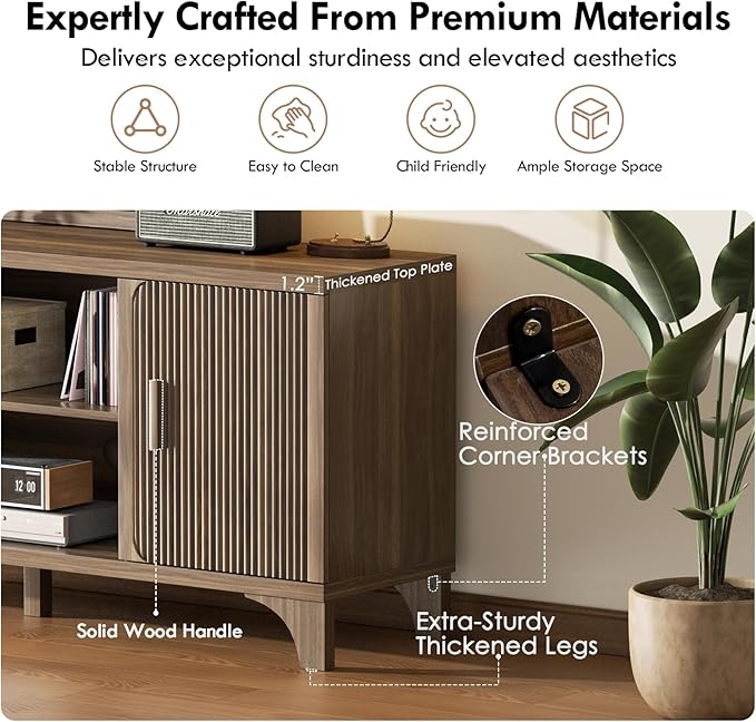 Tall Mid Century Modern TV Stands for 55/60/65 Inch TV Boho Media Console for Living Room Fluted TV Entertainment Center with Storage Wood Television Cabinet for Bedroom