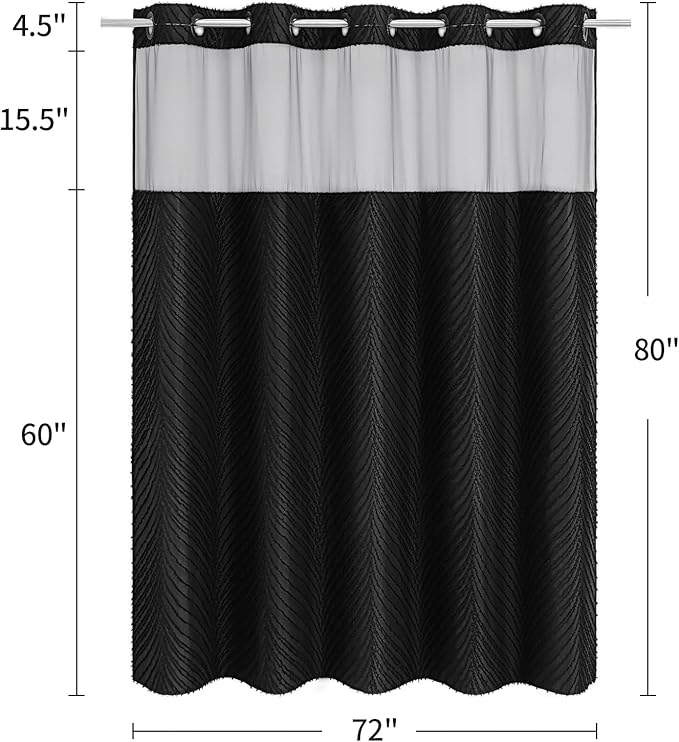 Black Long Shower Curtain 72 x 80, No Hook 80 inch Long Farmhouse Fabric Shower Curtain Set with Snap-in Liner, Hotel Style Shower Curtain with See Through Top Window