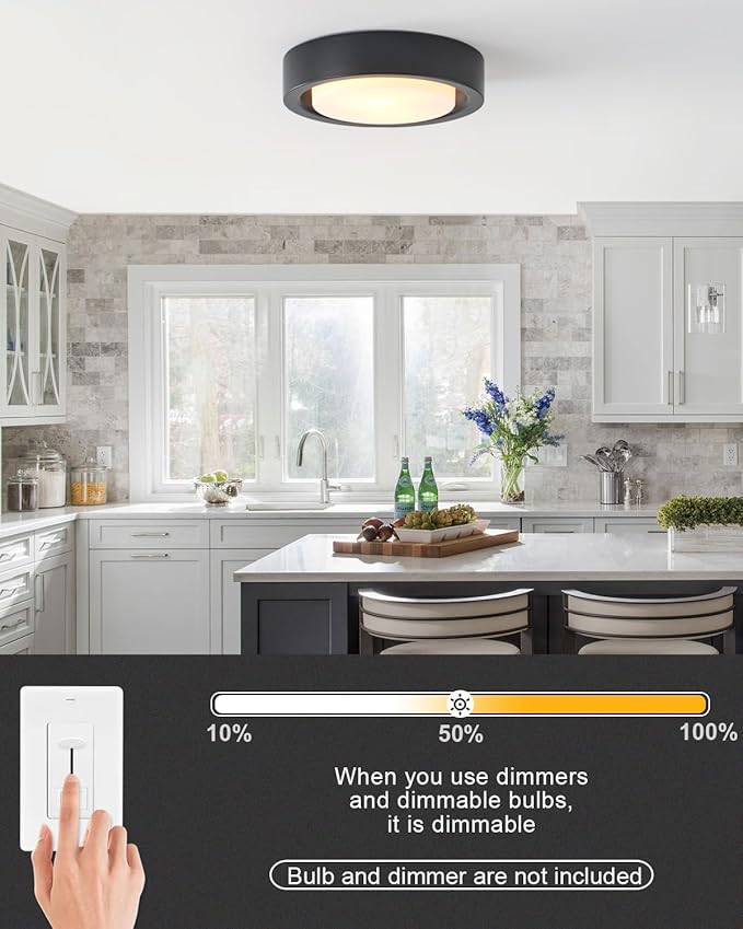 13 Inch Flush Mount Ceiling Light,Black Finish Plate with Frosted Glass Shade,Round Ceiling Lighting Fixture for Hallway Bedroom Closet Livingroom Kitchen Stairwell (Black)