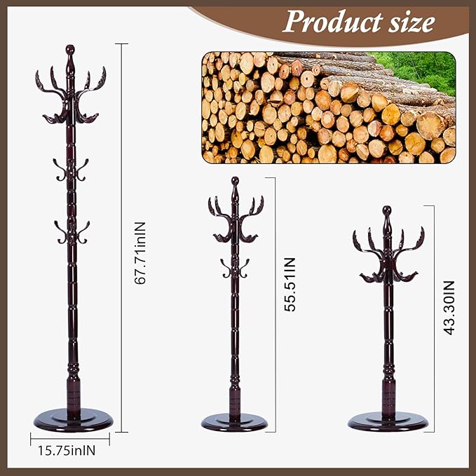 Wooden Coat Rack Freestanding, Vintage Coat Racks with Sturdy Round Base, Adjustable Height 37.40"-72.83" Entrance Coat Rack for Bedroom Living Room Entryway (Solid Wood Fenghuang Gou)