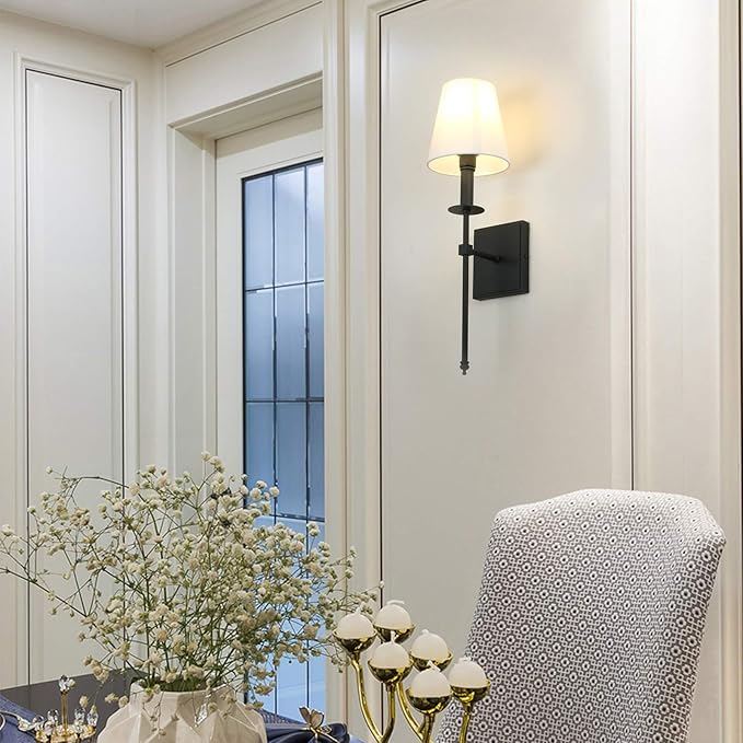 PERMO Set of 2 Classic Rustic Industrial Wall Sconce Lighting Fixture with Flared White Textile Lamp Shade and Black Tapered Column Stand, Hardwired, E26