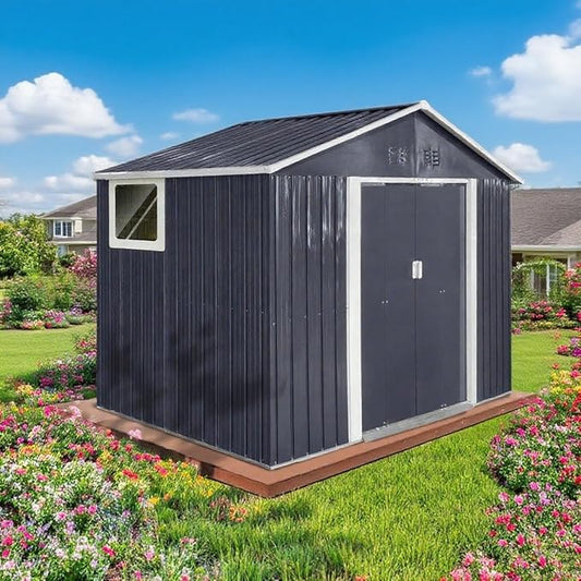 9 x 6.4 Ft Outdoor Storage Shed, Heavy-Duty Metal Shed with Windows & Secure Lockable Doors, Ideal Storage Shed for Outdoor, Patio, Garden, and Backyard, Black