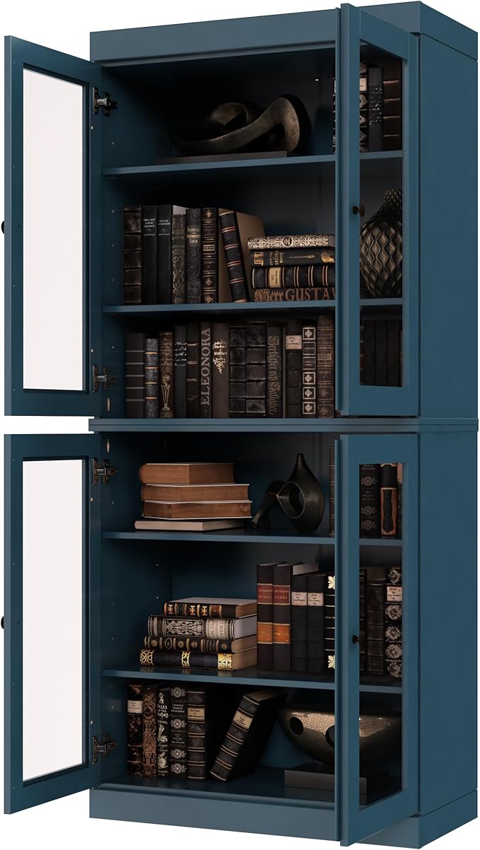 Palace Imports Solid Wood Bookcase - 6-Tier Tall Bookshelf, 71.5” H x 32” W - Teal Blue, Clear Glass Doors & Adjustable Shelves, 100% Renewable Eco-Friendly Wood, Made in Brazil