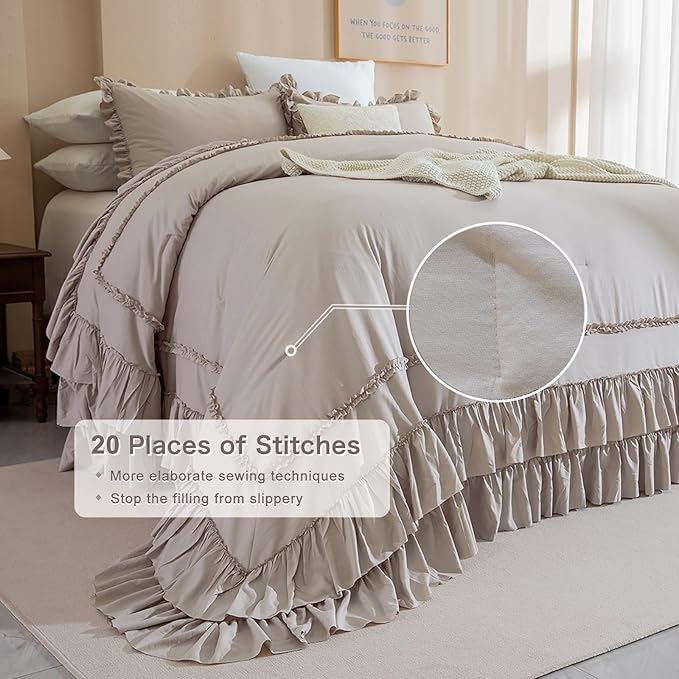 QSH Taupe Oversized California King Ruffled Bed Comforter Set 128x120, Farmhouse Vintage Chic Comforter French Country Shabby Bedding Comforter Soft Microfiber Fluffy Bedding 3 PCs
