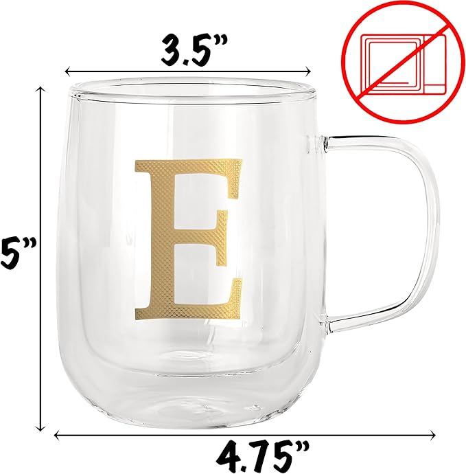 COLLECTIVE HOME - Double Walled Glass Coffee Mugs, Insulated Coffee Mug with Handle, Personalized Gifts for Women, Men, Christmas, 14 oz Monogram Cups (E)