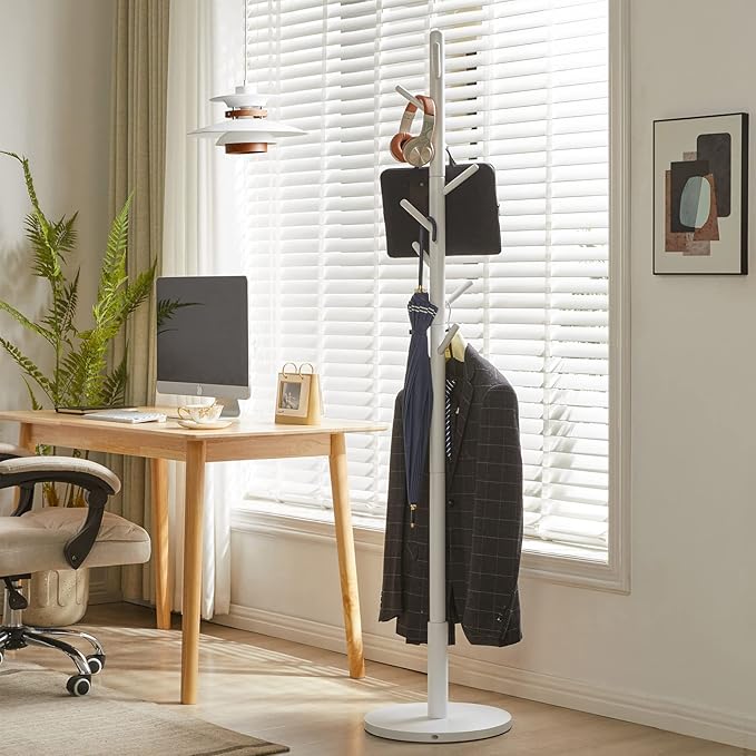 Standing Coat Rack White Coat Stand with 8 Hooks and 3 Height Options, Wood Kids Coat Tree with Sturdy Round Base, Small Hall Tree White YD-1009
