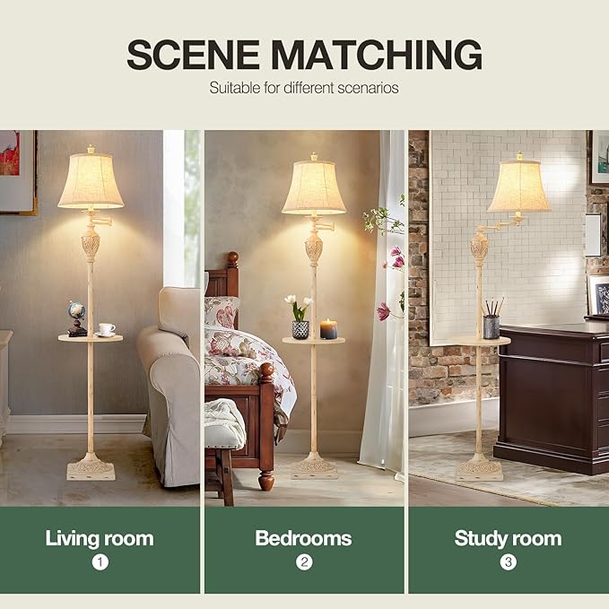 Traditional LED Floor Lamp with 350° Adjustable Swing Arm Lamp – Vintage Standing Pole lamp for Living Room, Bedroom and Office – Rustic Upright Floor Light for Home Décor with Silk Fabric Shade