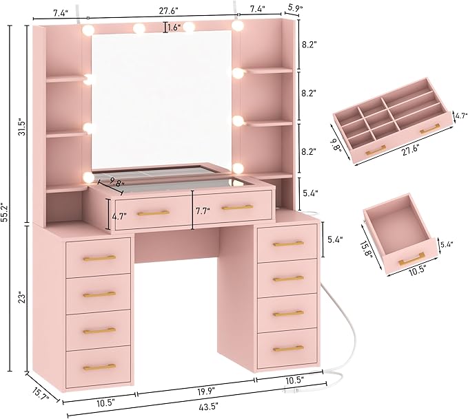 Glass Top Vanity Desk with Mirror and Lights, Large Vanity Makeup Mirror Desk with Charging Station Compartment Storage Drawers, Modern Makeup Vanity with 9 Drawers 6 Shelves, Pink