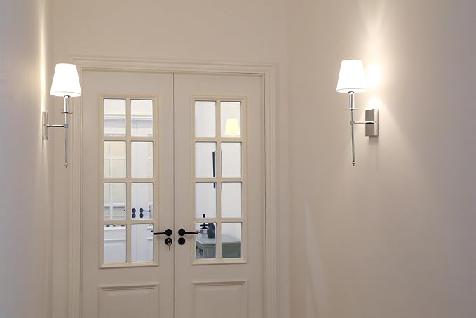 PERMO Set of 2 Classic Rustic Industrial Wall Sconce Lighting Fixture with Flared White Textile Lamp Shade and Chrome Tapered Column Stand