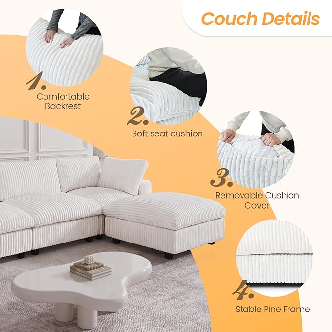 JACH 78.74" Love Seat Sectional Couches, Convertable Modular Sofa with Chaise Ottoman, Modern Deep Seat Couch, Sofa Covers Washable, Minimalist Plush Sofas for Living Room, Apartment, Beige