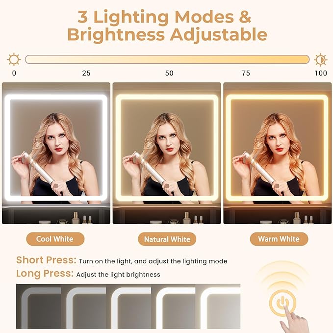 Corner Vanity Desk with Mirror and Lights, Power Outlet & Rotating Shelves, Makeup Vanities with Storage Bench, Drawers, 3 Light Settings, Dimmable for Women Girls, Bedroom, Black