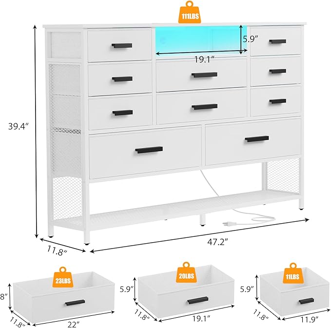 White Dresser for Bedroom, Fabric Chest of Drawers with Charging Station and LED Light, TV Stand Dresser with Shelves for 55" TV, 10 Drawers Dressers with PU Finish for Living Room, Closet
