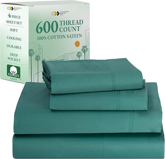 California Design Den Deep Pocket Queen Sheet Set - Luxury 600 Thread Count 100% Cotton Sheets Sateen, Cooling Queen Size Sheets Deep Pocket Set, Hotel-Quality Sheet Set Queen Size Cotton - Teal