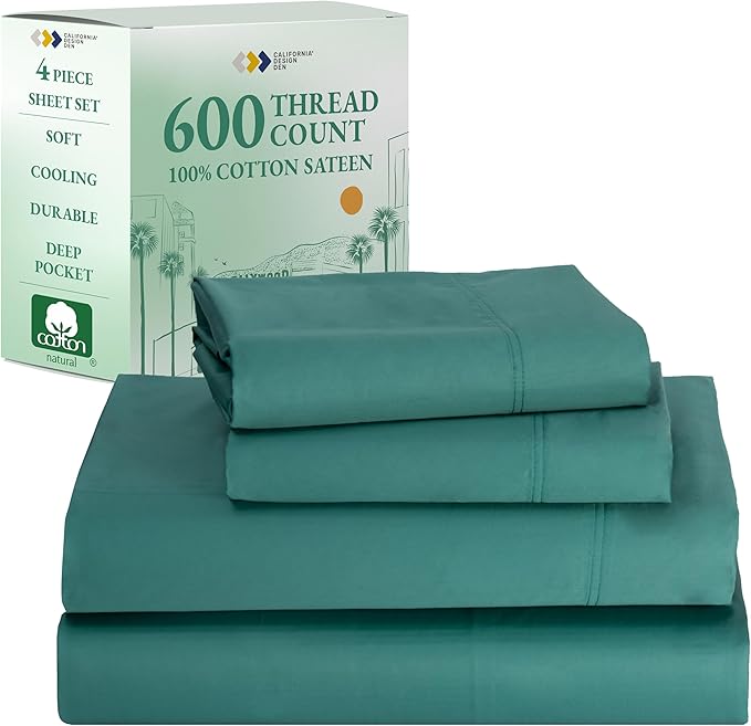 California Design Den 100% Cotton Sheets Full Size Set - Luxury 600 Thread Count Sateen, Cooling Sheet Sets Full Size Bed with Deep Pockets, Hotel Quality Bedding - Teal Bed Sheets