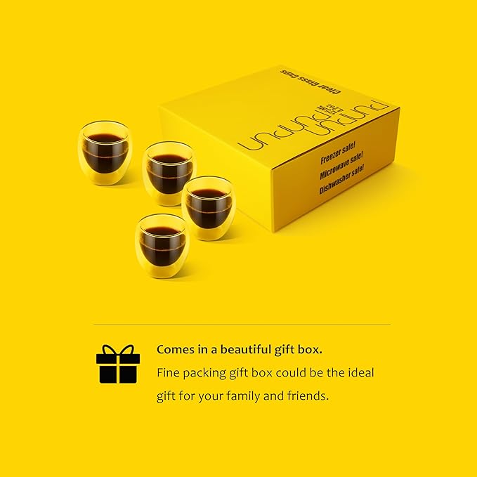 PunPun Glass Cups 2.7oz. 80ml Espresso Coffee Cups, Demitasse Cups Double Walled Clear Insulated,Shot Glass Set of 4
