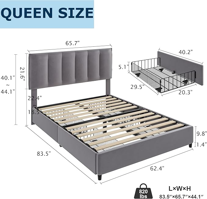 VECELO Queen Upholstered Bed Frame with 4 Storage Drawers and Adjustable Velvet Headboard, Heavy-Duty Platform bedframe, No Box Spring Needed, Dark Grey