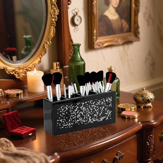 SHYFOY Black Makeup Brush Holder, 4-Compartment Makeup Organizer with Crushed Diamond Crystals, Vanity Cosmetics Organizer Solution, Pencil Holder Organizer for Desk
