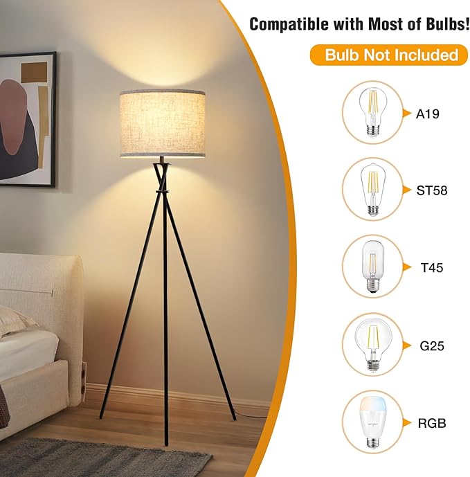 Tripod Floor Lamp Black, 61” Tall Floor Lamps, Standing Lamp with Rotary Switch, Modern Floor Lamp Simple Design with Beige Shade, Floor Lamps for Living Room, Bedroom, Office, Without Bulb
