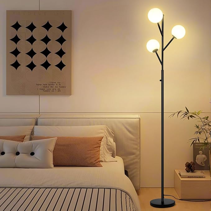 3-Globe Mid Century Modern Floor Lamp and Bulbs Included,70inch Tall Black Stand Lamp with Frosted Glass Shade for Living Room Office Bedroom, Study Room, Hotel, Dimmer Lighting (dimmer-Black)
