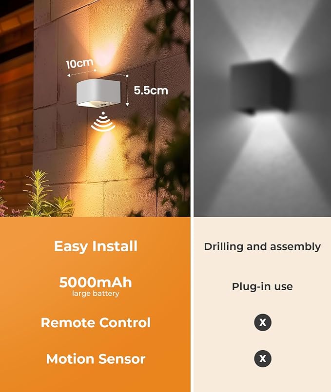 FULEN Motion Sensor Wall Light with Remote Control 3 Colors Wireless Wall Lamp LED Indoor Up and Down Wall Sconce 5000mAh Rechargeable Battery Powered Wall Lamps Brightness Adjustable, White 1 Pack