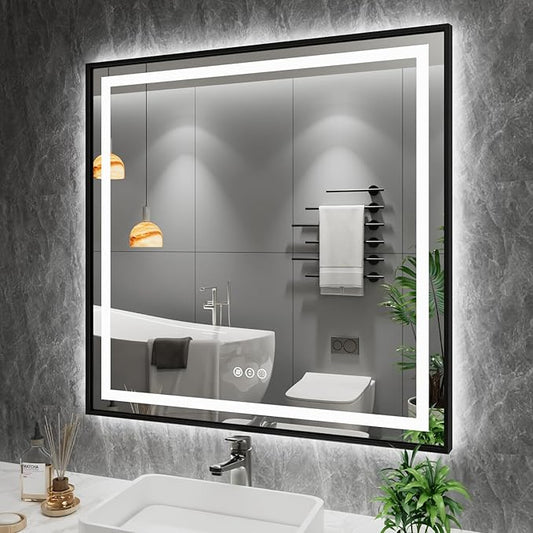 Amorho 32"x 32" LED Bathroom Mirror with Black Frame, Front Light and Backlit, Stepless Dimmable, Anti-Fog, Shatter-Proof, Memory, 3 Colors, Double LED Vanity Mirror