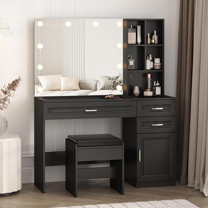 Vabches Vanity Desk with Lights and Mirror,Black Makeup Desk with 3 Drawers & Storage Cabinet & Shelves,Glass Top Vanity Table Set with 3 Lighting Modes Adjustable Brightness