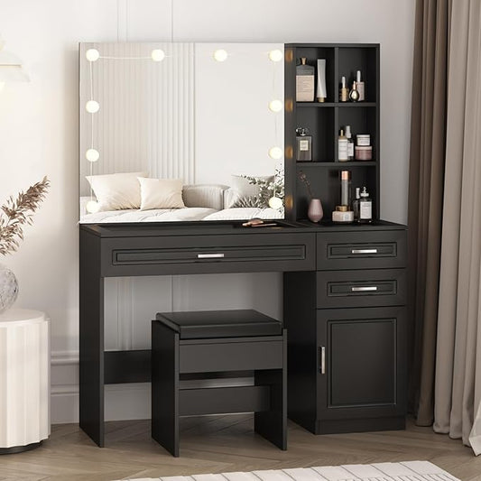 Vabches Vanity Desk with Lights and Mirror,Black Makeup Desk with 3 Drawers & Storage Cabinet & Shelves,Glass Top Vanity Table Set with 3 Lighting Modes Adjustable Brightness