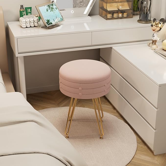 VECELO Round Vevlet Vanity Stool with Storage, 4 Metal Legs Vanity Seat with Anti-Slip Feet, Modern Vanity Chairs Footrest Furry Padded Seat, Space Saving, Easy to Clean for Makeup, Bedroom, Pink