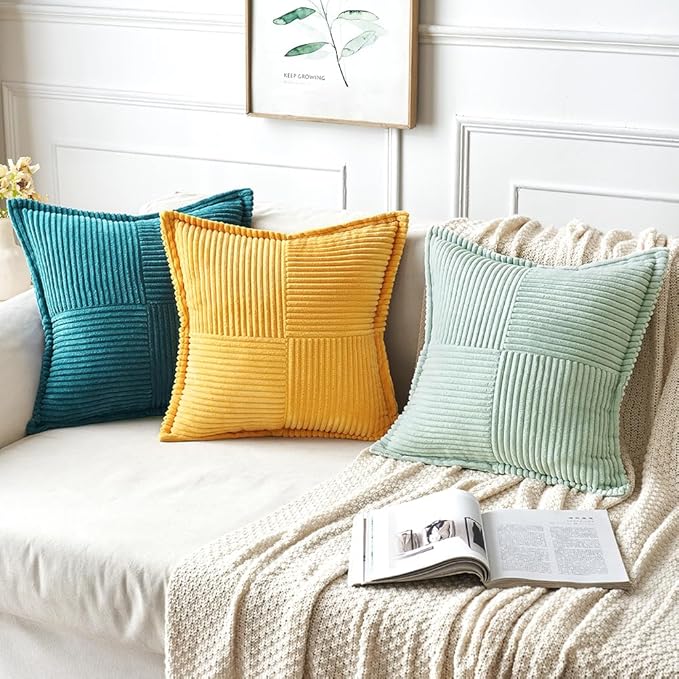 MIULEE Decorative Throw Pillow Covers for Couch Bed Livingroom 16x16 Inch Set of 2 Light Green Boho Accent Throw Pllows Broadside Striped Patchwork Soft Corduroy Summer Pillowcases