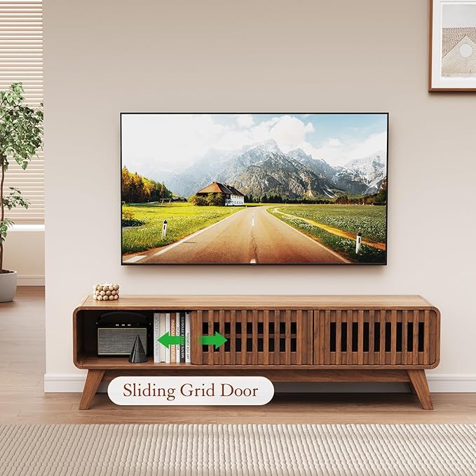 TV Stand 59" Mid-Century Modern Television Stand for 55/60/65 inch TV, Wood Entertainment Center with Storage, TV and Media Console for Living Room, Bedroom, Office (Walnut)