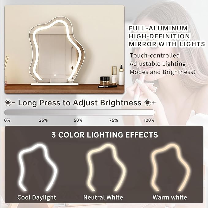 Makeup Vanity Desk with Cloud Shape Touch Screen Mirror, 50-94 in Adjustable Vanity Table Set with Chair, Bedroom Elegant Dressing Table for Women with 6-Drawer Rounded Corners Storage Cabinet, Brown