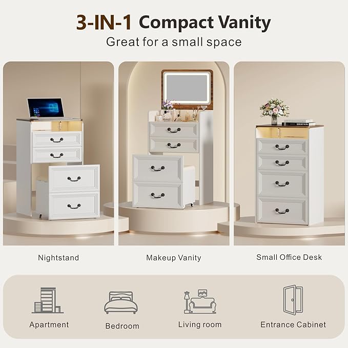 Farmhouse 3 in 1 Vanity with 2 Sockets USB, LED Small Makeup Desk with Flip Top Mirror, Compact Vanity with Glass Desktop, Storage and Cushioned Stool with Wheels,3 Drawers, for Bedroom White
