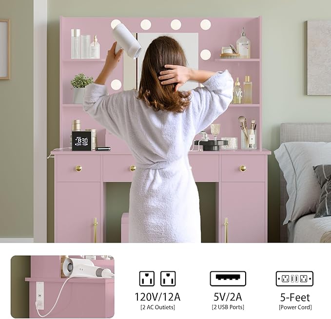 Makeup Vanity Desk with Mirror and Lights, 43" Pink Vanity Set with Chair, 3 Drawers, Power Outlet & Adjustable RGB LED Lights, Dressing Table with Storage Shelf for Women & Girls Bedroom
