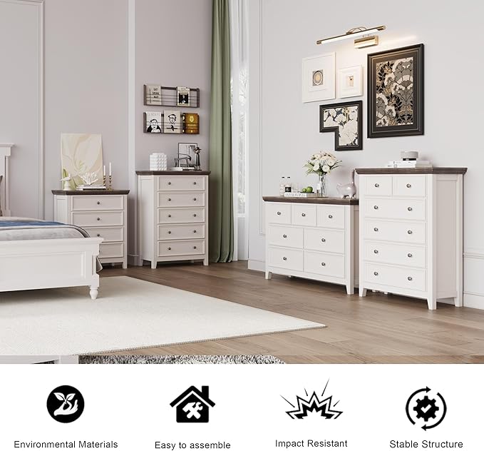 BLANKSPACE Dresser for Bedroom, 5 Drawer Dresser, Modern 5 Chest of Drawers, Farmhouse Storage Cabinet with 5 Drawers for Home Office, Dining Room, Antique White