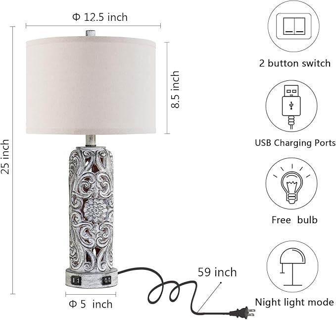 25'' Set of 2 Farmhouse Table Lamps with 2 USB Ports for Living Room Bedroom, Rustic Vintage Table Lamp with Nightlight, Earthy Yellow Hollow Out Resin Lamp for End Table, 2 Bulbs Included