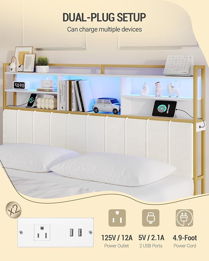 Headboard with 3-Tier Storage Shelves, Velvet Upholstered Head Board with 2 Outlets, USB Ports & LED Light, Soft Backrest for King Size Bed, White and Gold BH19403A