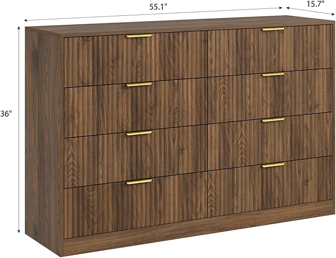 8 Drawer Dresser for Bedroom, Modern Fluted Double Dresser, 55" Wide Chest of Dressers, Mid Century Wooden Beside Table for Closet, Living Room and Entryway, Natural