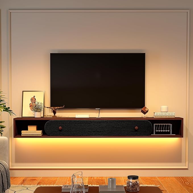 Floating TV Stand Wall Mounted 55'', Modern Media Console with 2 Open Cabinets and 1 Door,Wall Mount TV Console for Living Room Bedroom,Walnut and Black