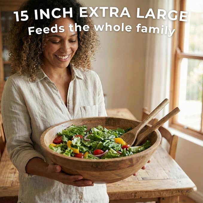 Extra Large Wooden Salad Bowl 15" with Serving Utensils | Oversized Mango Wood Salad Bowl for Big Family Meals | Large Wood Serving Bowl for Salad, Pasta, Popcorn | Handcrafted Wooden Salad Set