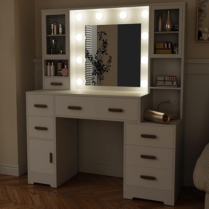 48.8" Makeup Vanity, Large Vanity Desk with Mirror and Lights, Makeup Desk with Charging Station, Vanity Dresser with 7 Drawers for Bedroom Dressing Room, for Women, Girls, Teens, White